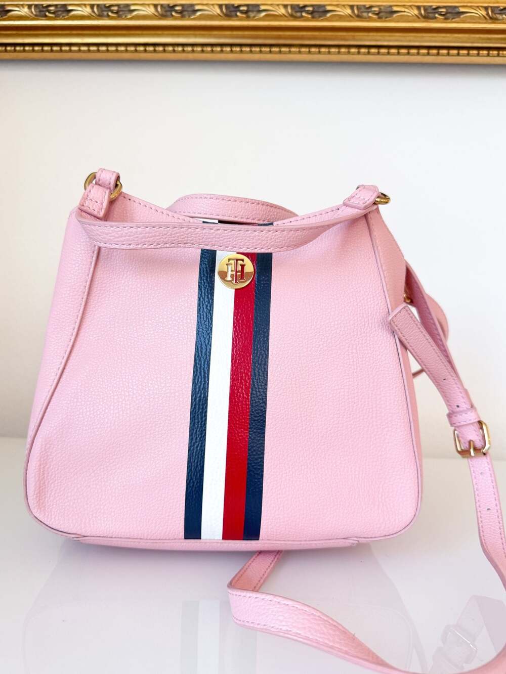 Tommy Hilfiger Pink Pebbled Leather Signature Stripe Crossbody Handbag